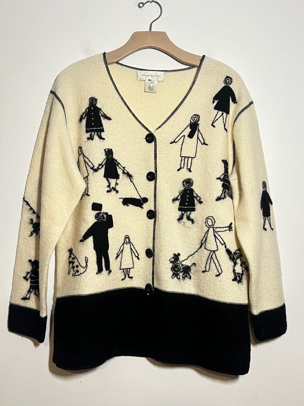 VTG Susan Bristol Wool Embroidered Whimsical Folk Art Cardigan Sweater M Blk/Iv